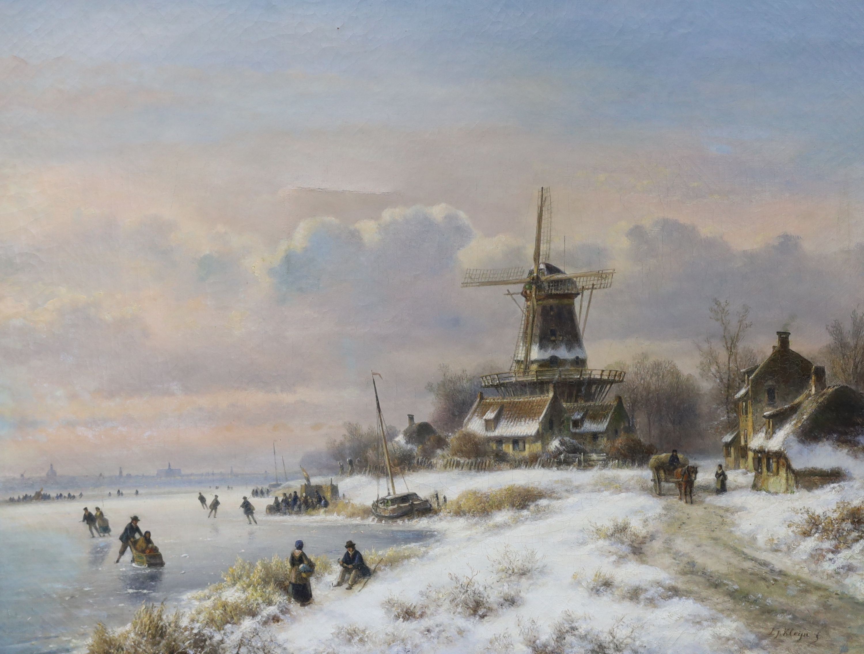 Lodewijk Johannes Kleijn (1817-1897), oil on canvas, Winter landscape with figures skating beside a windmill, signed, 59 x 76cm